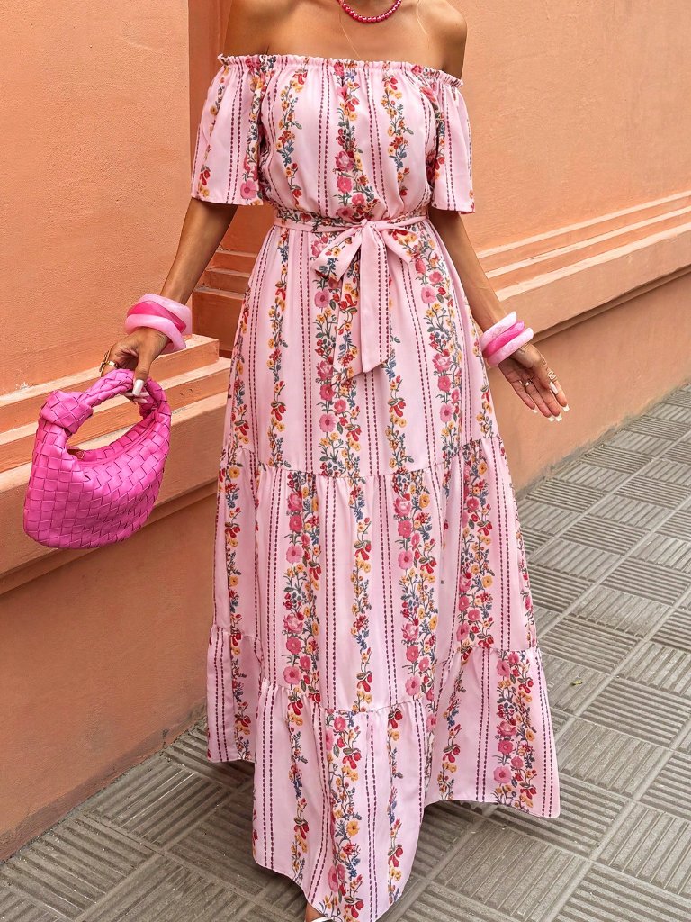 Pink Boho Women's Off-The-Shoulder Strapless Fitted Maxi Dress With L-Prints